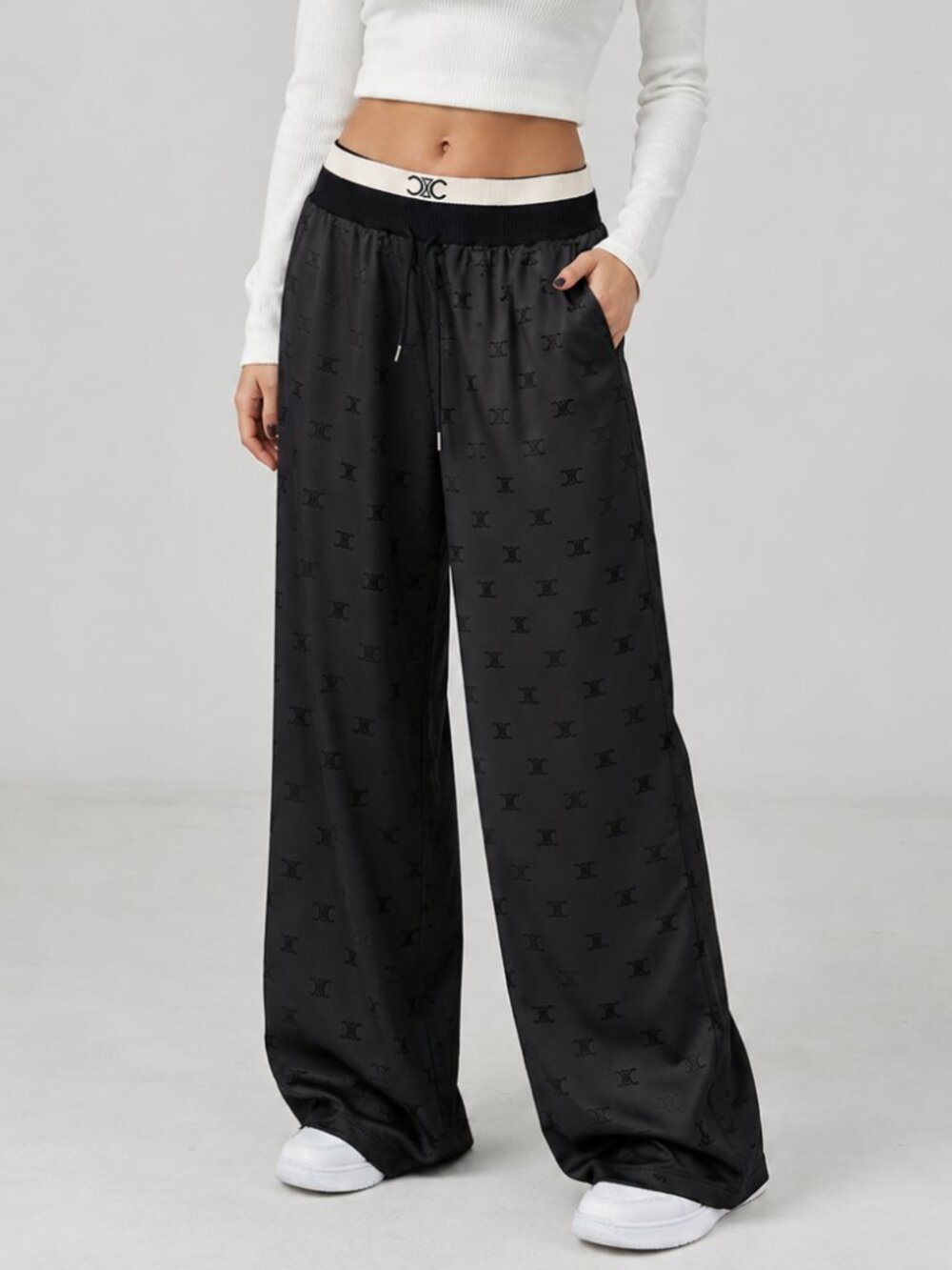 Black Monogram Satin Wide Leg Lounge Pants Drawstring Relaxed Fit Size M